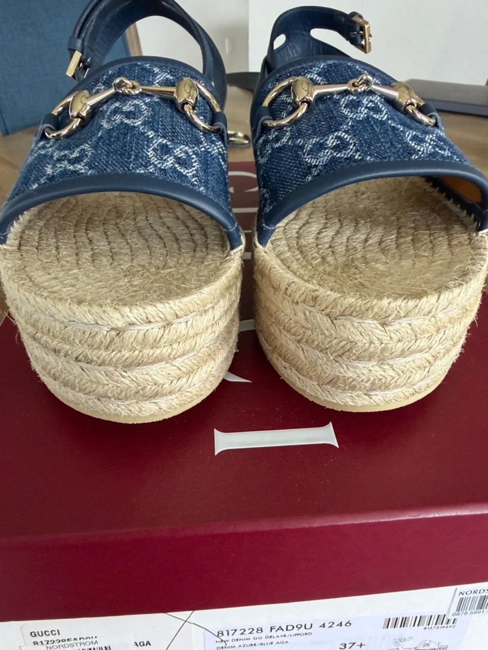NWT dust bag authentic Gucci Blue Denim GG Horsebit Espadrille Sandals - Picture 6 of 9